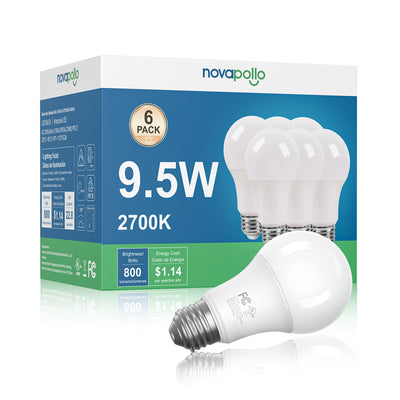 Novapollo A19 LED Light Bulbs 9.5W 800LM 2700K Dimmable
