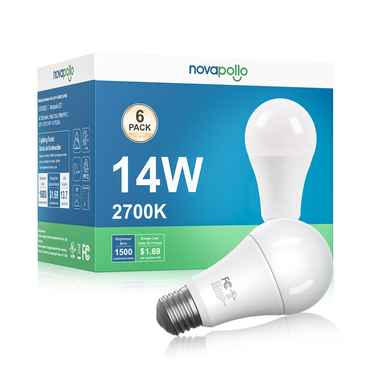 Novapollo A19 LED Light Bulbs 14W 1500LM 2700K Non-Dimmable