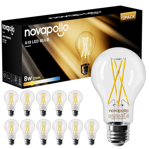 Novapollo A19 Vintage LED Edison Filament Bulb 8W 800LM 2700K Dimmable