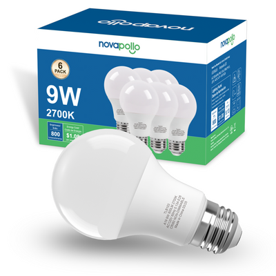 Novapollo LED Bulbs 9W 6 pack, 800 Lm 2700K Non-Dimmable
