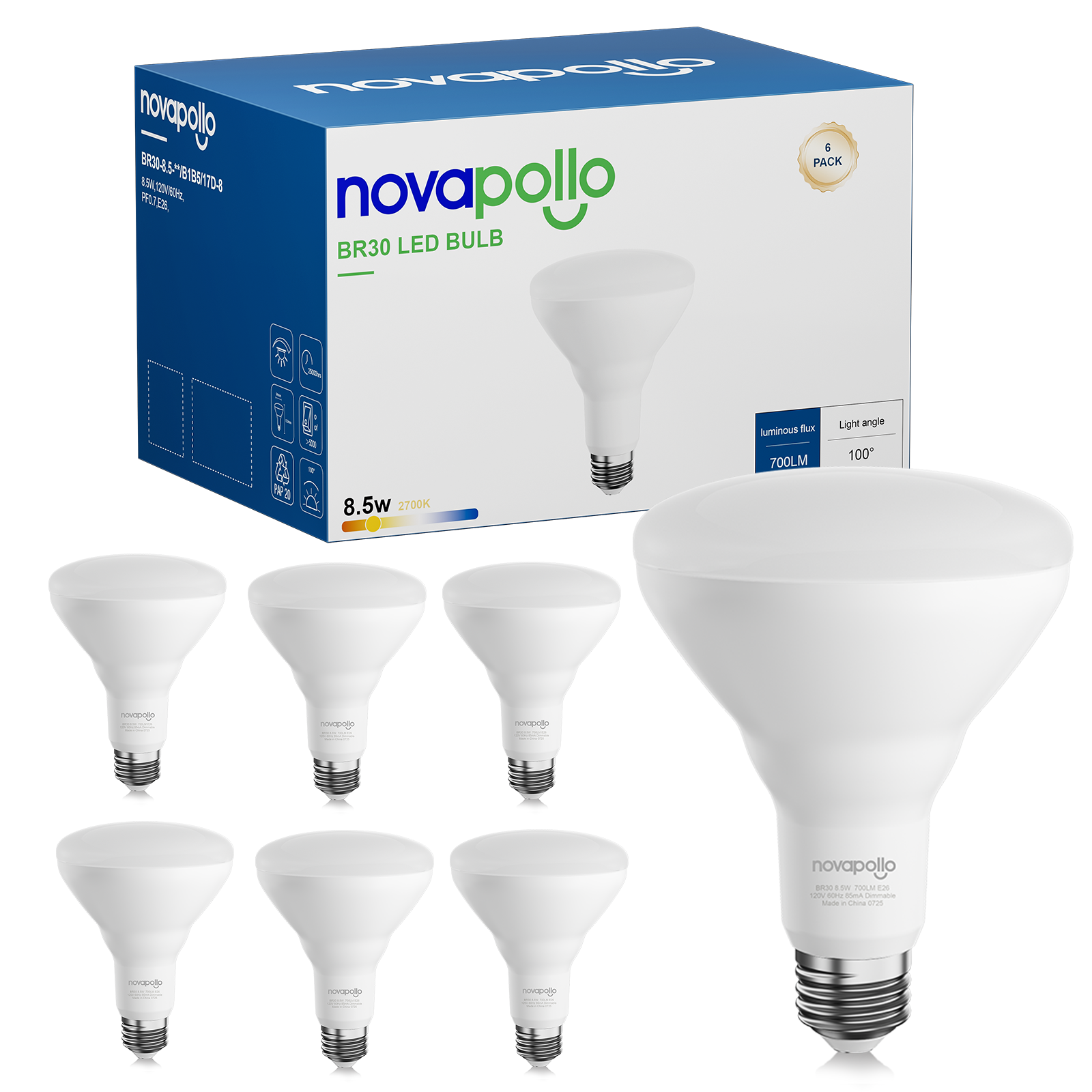 Novapollo LED bulbs with packaging on a white background