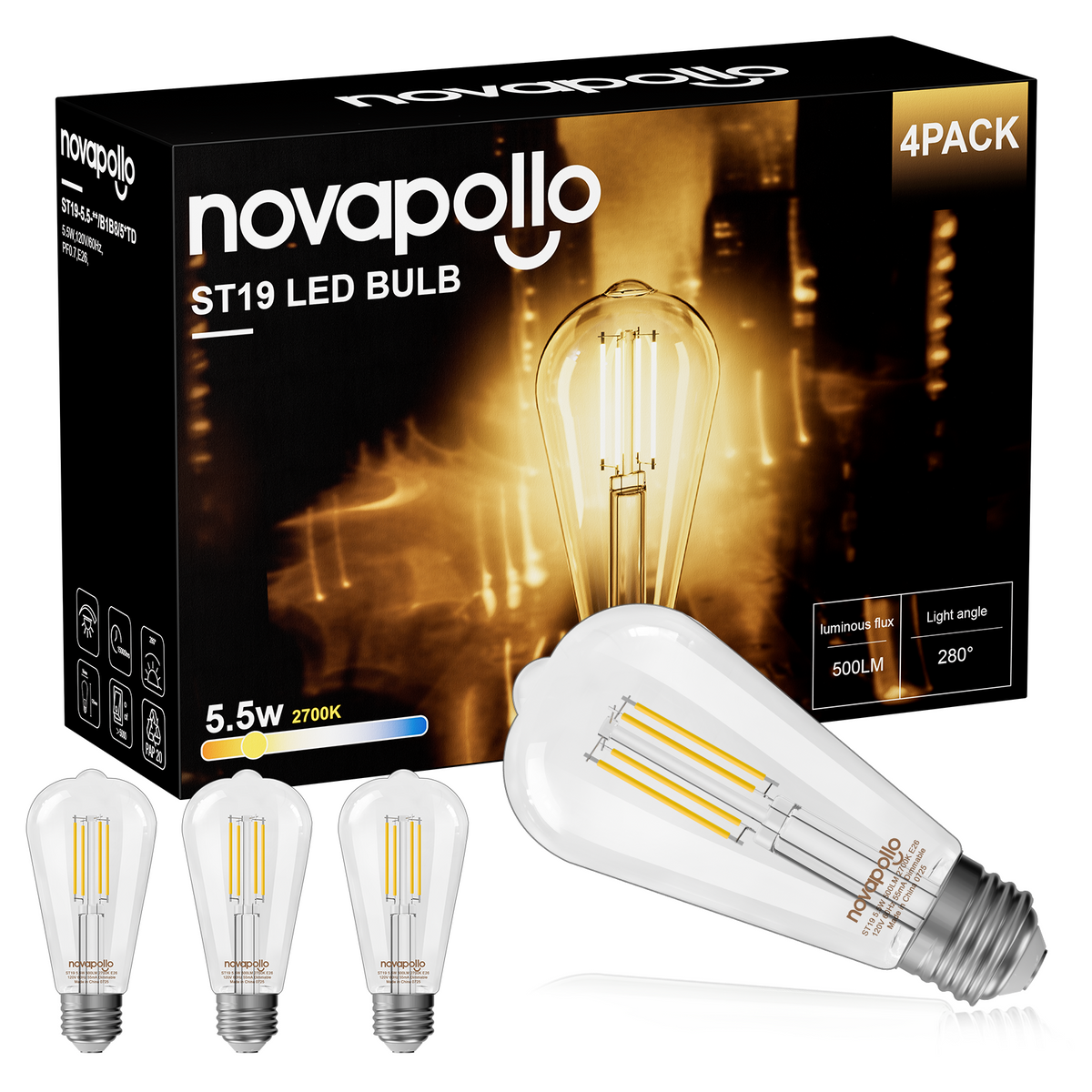 Novapollo ST19 Vintage LED Edison Light Bulbs 5.5W 500LM 2700K Dimmable