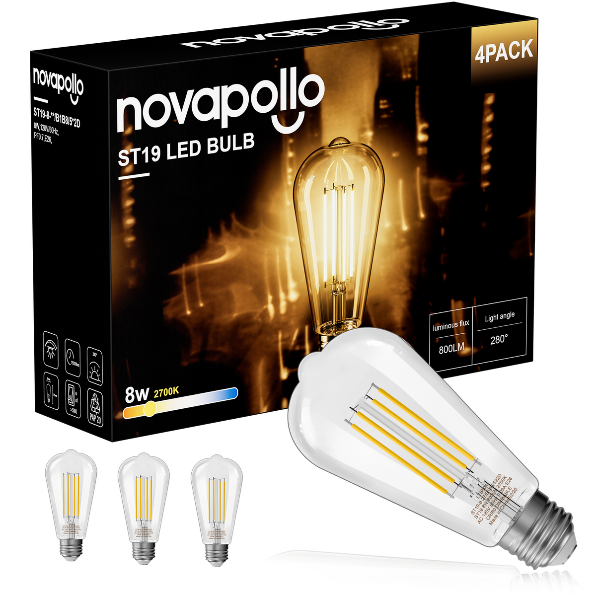 Novapollo ST19 Vintage LED Edison Bulbs 8W 800LM 2700K Dimmable