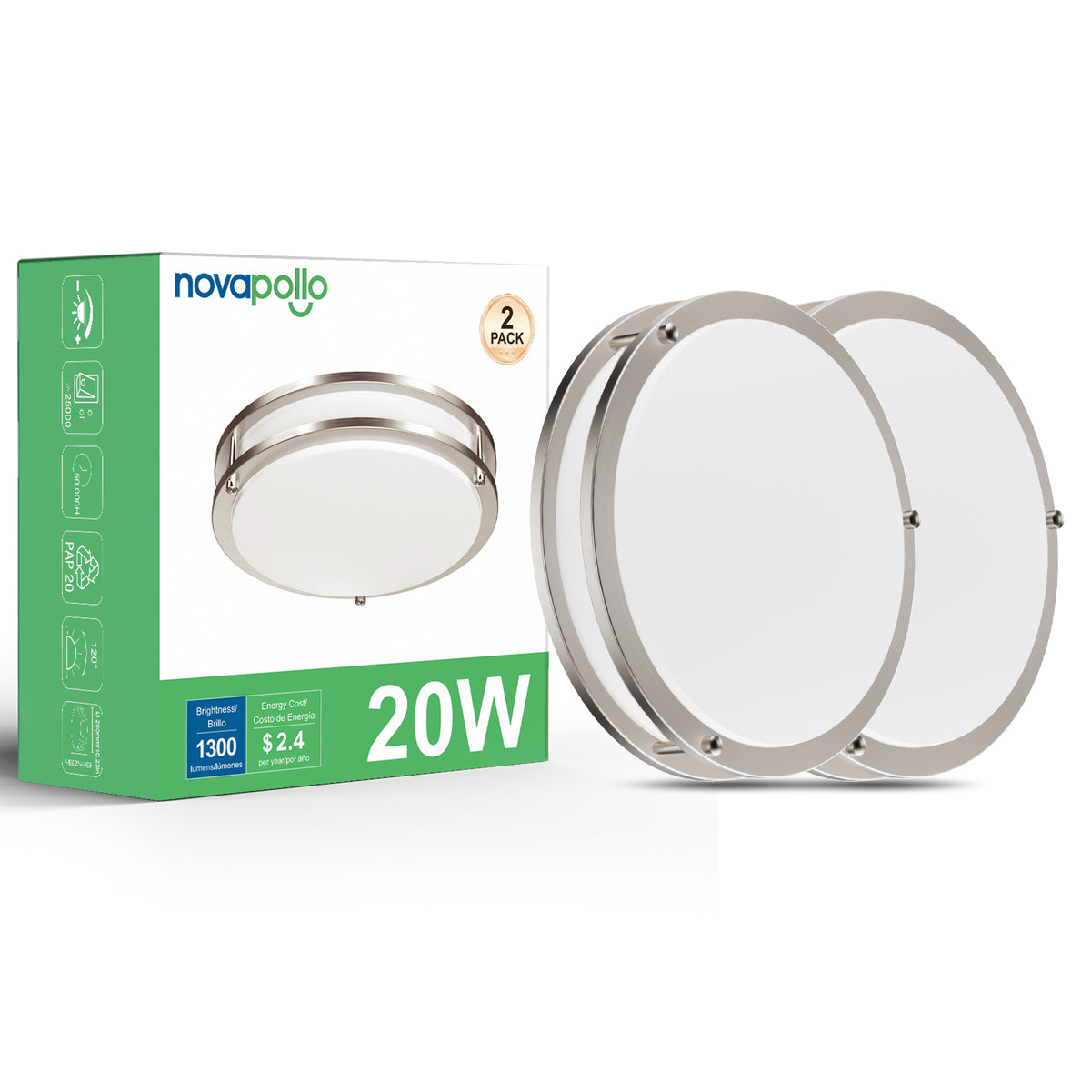 Novapollo 13 Inch LED Ceiling Light 20W 1300LM 5CCT Dimmable & Color Adjustable Flush Mount