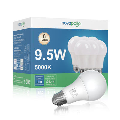Novapollo A19 LED Light Bulbs 9.5W 800LM 5000K Dimmable