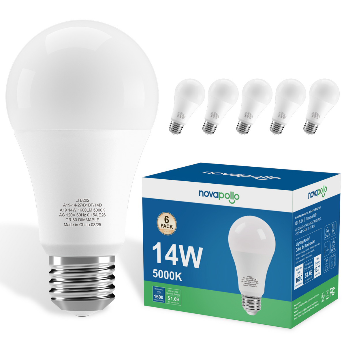 Novapollo A19 LED Light Bulbs 14W 1600LM 5000K Dimmable