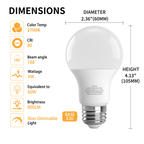 Novapollo A19 LED Light Bulbs 9W 800LM 2700K Non-Dimmable