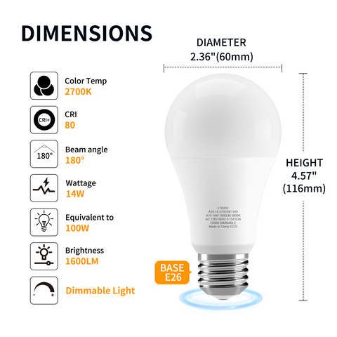 Novapollo A19 LED Light Bulbs 14W 1600LM 2700K Dimmable