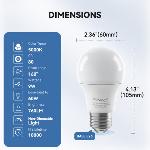 Novapollo A19 LED Light Bulbs 9W 760LM 5000K Non-Dimmable