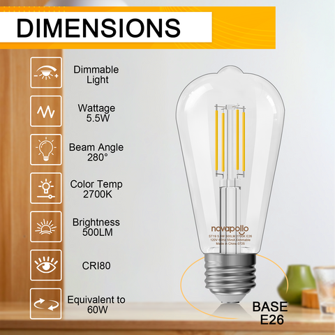 Novapollo ST19 Vintage LED Edison Light Bulbs 5.5W 500LM 2700K Dimmable