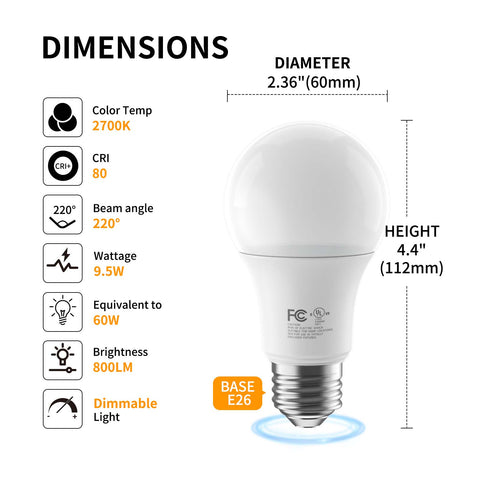 Novapollo A19 LED Light Bulbs 9.5W 800LM 2700K Dimmable