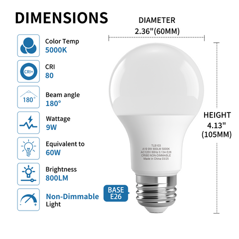 Novapollo A19 LED Light Bulbs 9W 800LM 5000K Non-Dimmable