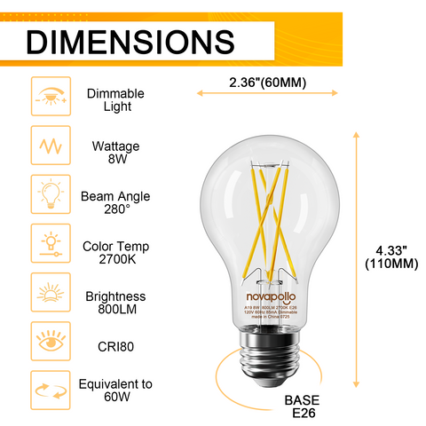 Novapollo A19 Vintage LED Edison Filament Bulb 8W 800LM 2700K Dimmable