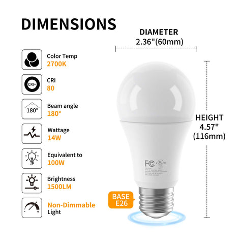 Novapollo A19 LED Light Bulbs 14W 1500LM 2700K Non-Dimmable