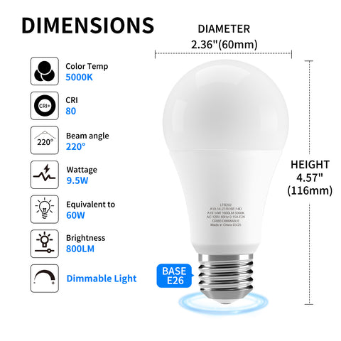 Novapollo A19 LED Light Bulbs 9.5W 800LM 5000K Dimmable