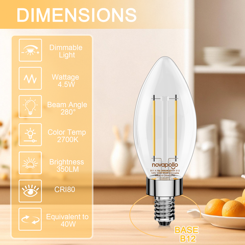 Novapollo B11 Vintage Bullet Edison Bulbs 4.5W 350LM 2700K Dimmable