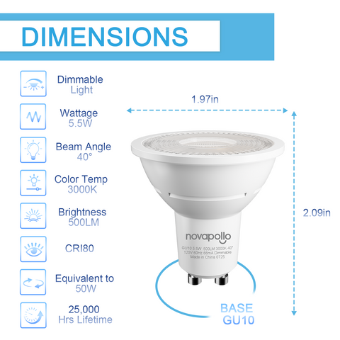 Novapollo GU10 LED Spotlight Bulbs 5.5W 500LM 3000K Dimmable