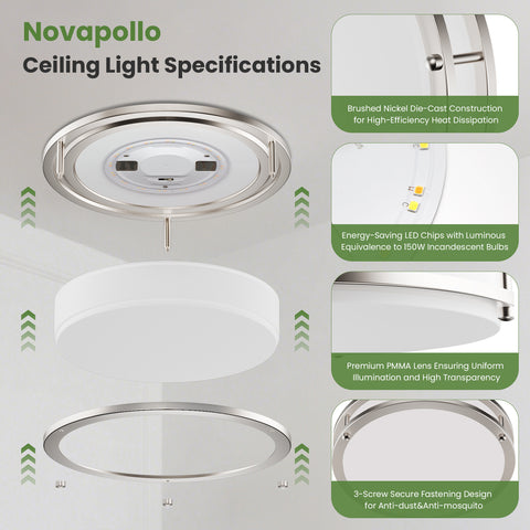 Novapollo 10 Inch LED Ceiling Light 17W 1100LM 5CCT Dimmable & Color Adjustable Flush Mount