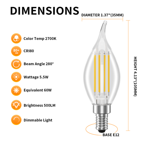 Novapollo CA11 Candelabra LED Light Bulbs 4.5W 350LM 2700K Dimmable