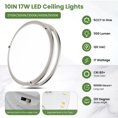 Novapollo 10 Inch LED Ceiling Light 17W 1100LM 5CCT Dimmable & Color Adjustable Flush Mount