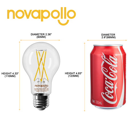 Novapollo A19 Vintage LED Edison Filament Bulb 8W 800LM 2700K Dimmable