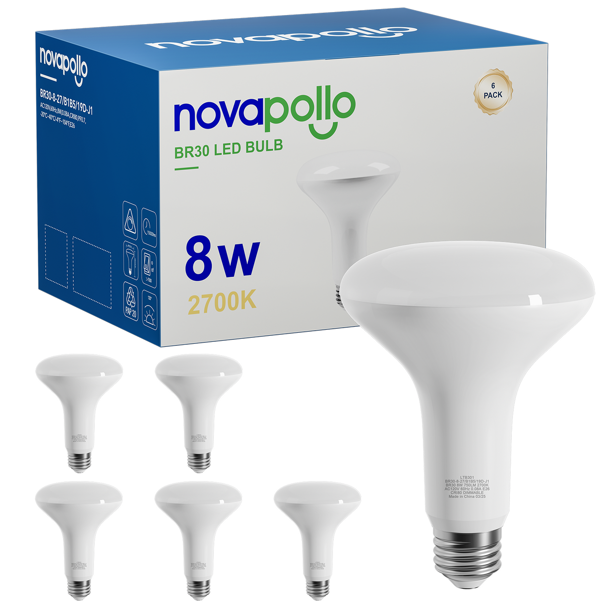 Novapollo BR30 LED Recessed Light Bulbs 8W 750LM 2700K & 5000K Dimmable
