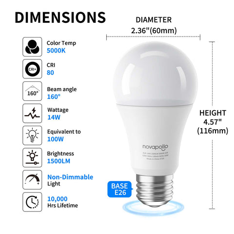 Novapollo A19 LED Light Bulbs 14W 1500LM 5000K Non-Dimmable