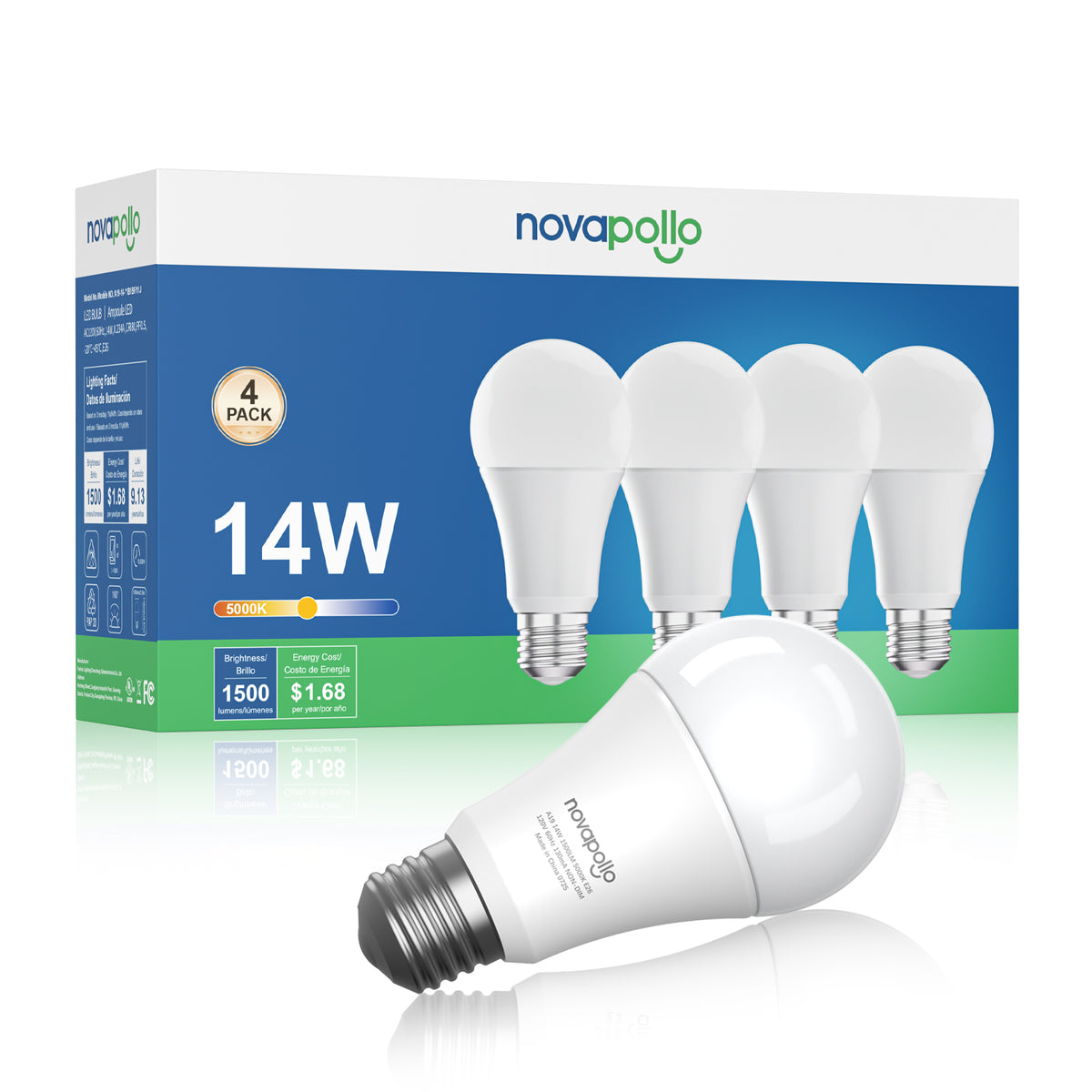 Novapollo A19 LED Light Bulbs 14W 1500LM 5000K Non-Dimmable