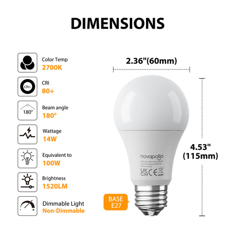 Novapollo A60 LED Light Bulbs 14W 1520LM 2700K Non-Dimmable
