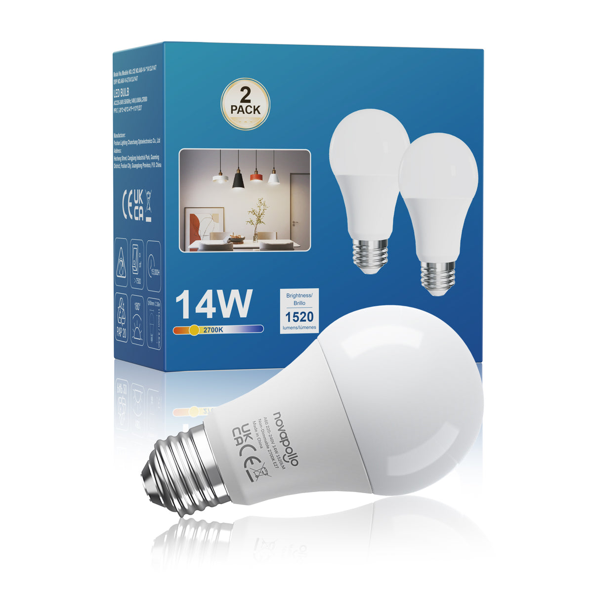 Novapollo A60 LED Light Bulbs 14W 1520LM 2700K Non-Dimmable