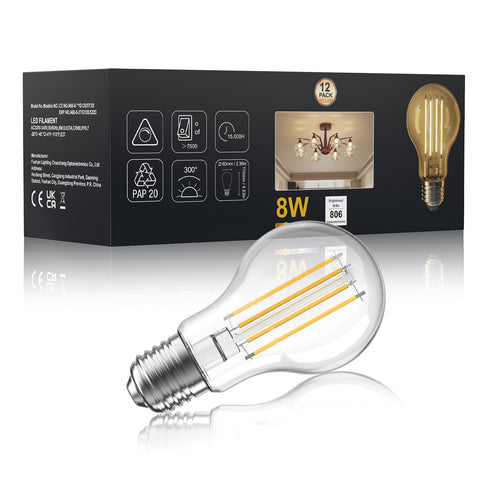 Novapollo A60 Vintage LED Edison Filament Bulb 8W 806LM 2700K Dimmable