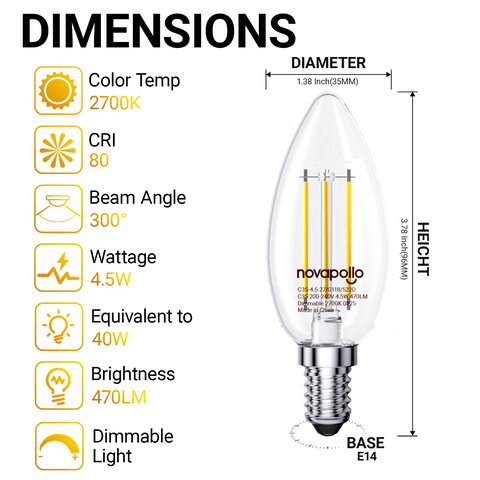 Novapollo C35 Vintage Candle LED Light Bulbs 4.5W 470LM 2700K E14 Dimmable
