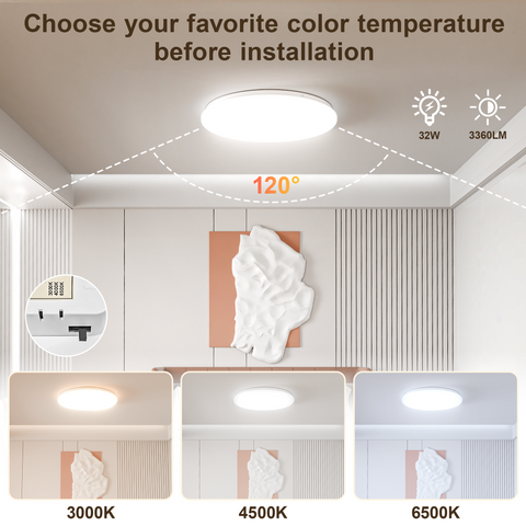 Novapollo Round Flush Mount LED Ceiling Light 32W 3360LM 3CCT Selectable (3000K/4000K/6500K)