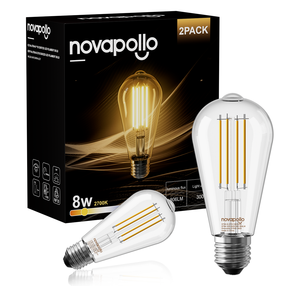 Novapollo ST64 Vintage Edison LED Filament Bulbs 8W 806LM 2700K E27 Dimmable