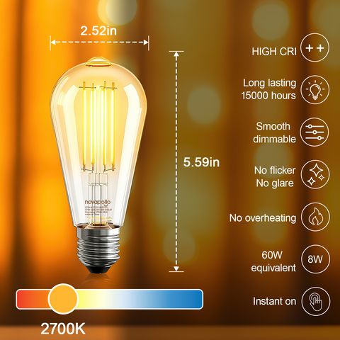 Novapollo ST64 Vintage Edison LED Filament Bulbs 8W 806LM 2700K E27 Dimmable