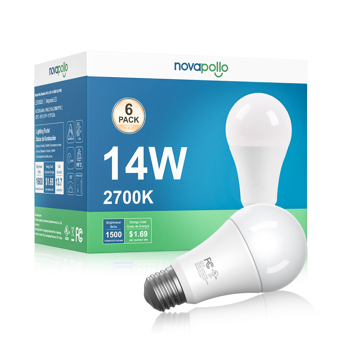 Novapollo A19 LED Light Bulbs 14W 1600LM 2700K Dimmable