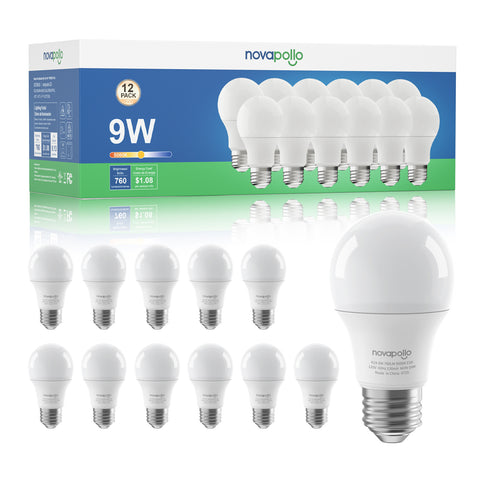 12-pack of novapallo 9W LED light bulbs with packaging.