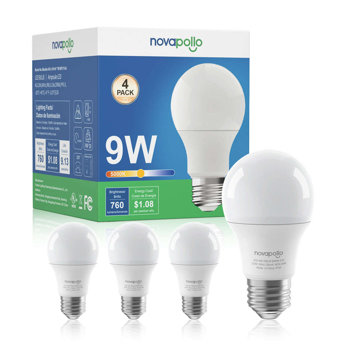Novapollo A19 LED Light Bulbs 9W 760LM 5000K Non-Dimmable 4Pack