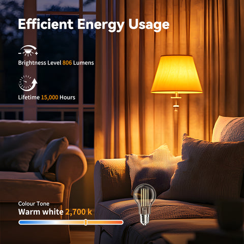 Novapollo A60 Vintage LED Edison Filament Bulb 8W 806LM 2700K Dimmable