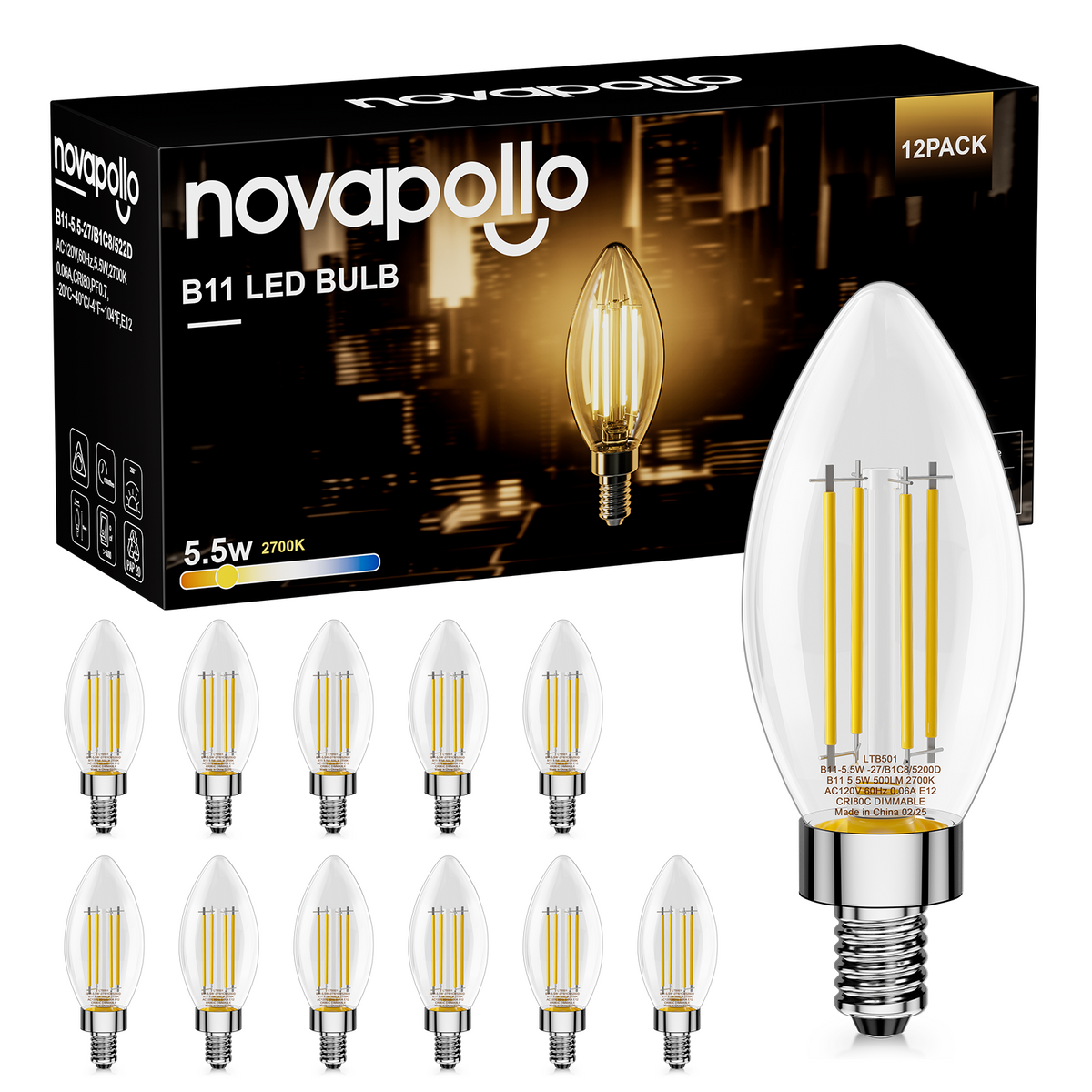 Novapollo B11 Vintage Bullet Edison Bulbs 5.5W 500LM 2700K Dimmable