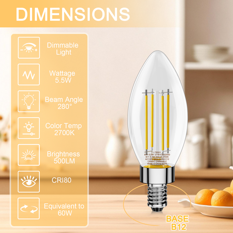 Novapollo B11 Vintage Bullet Edison Bulbs 5.5W 500LM 2700K Dimmable