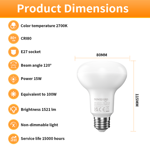 Novapollo PAR80 LED Light Bulbs 15W 1521LM 2700K E27 Non-Dimmable